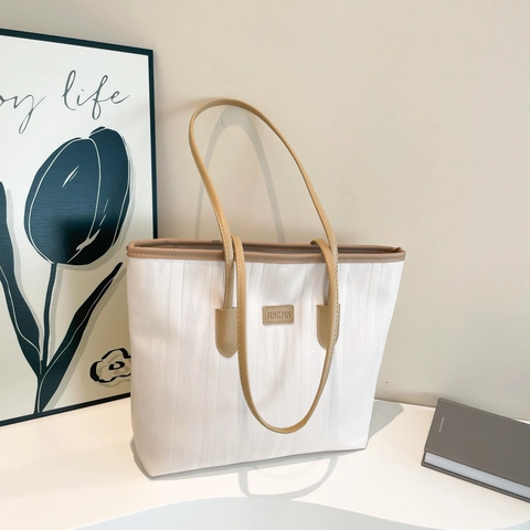 Sac Fourre-Tout Femme Grande Capacité Cuir PU Texture Nervurée Verticale Sac À Épaule Pour Le Travail Quotidien Style Décontracté