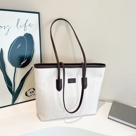 Sac Fourre-Tout Femme Grande Capacité Cuir PU Texture Nervurée Verticale Sac À Épaule Pour Le Travail Quotidien Style Décontracté