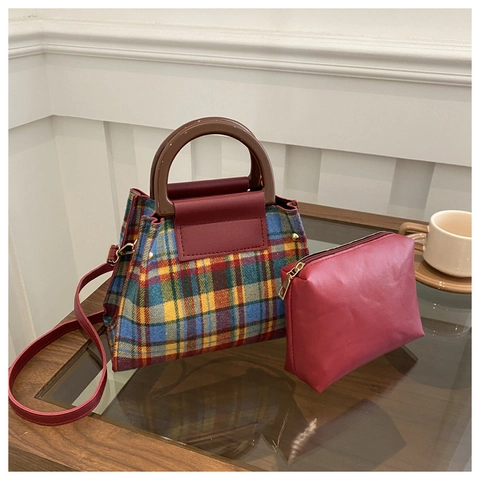 Retro Geruite Emmertas Voor Dames Wollen Stof Met Houten Handvat Britse Stijl Crossbody Handtas