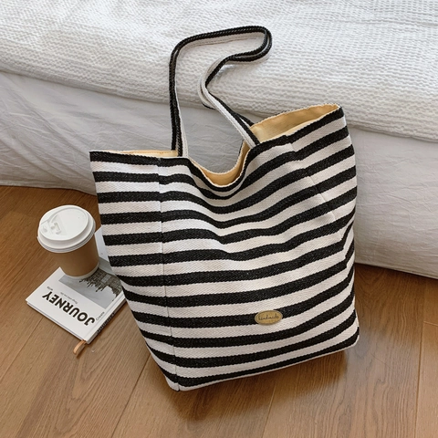 Dames Canvas Gestreepte Draagtas Grote Capaciteit Schoudertas Minimalistische Contrastvoering Casual Woon-Werkverkeer