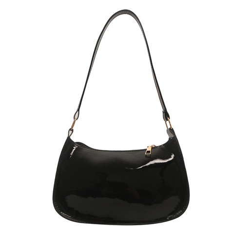 Patent Leather Underarm Bag For Women Glossy Baguette Shoulder Handbag Minimalist Retro Style Solid Color Gold Hardware