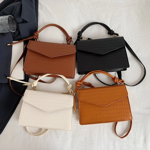Crocodile Embossed PU Leather Shoulder Crossbody Bag For Women Retro Square Handbag With Knotted Handle And Flap Closure
