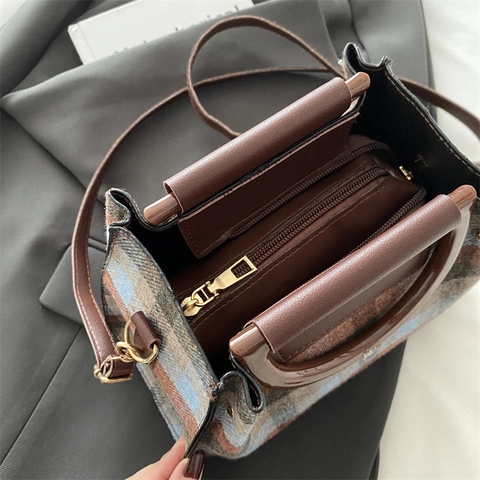 Retro British Style Plaid Handbag Woolen Tweed Crossbody Bag With Round Resin Handle Leather Flap Women Shoulder Bag