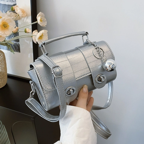 French Croc-Embossed PU Leather Crossbody Bag Minimalist Cylindrical Handbag With Turn-Locks And Metal Ball Charm Women