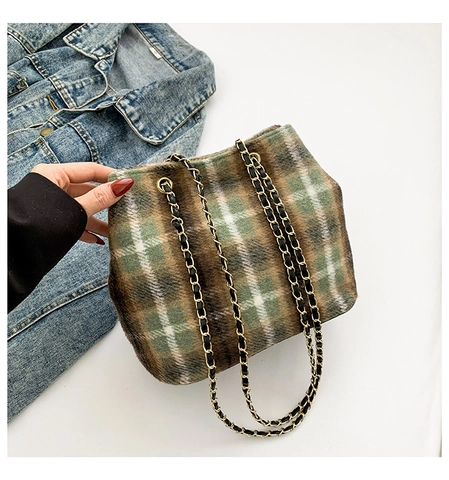 Damen Wolle Karo Eimer Tasche Vintage Britischen Stil Schultertasche Mit Metallkettenriemen Herbst Winter Große Kapazität