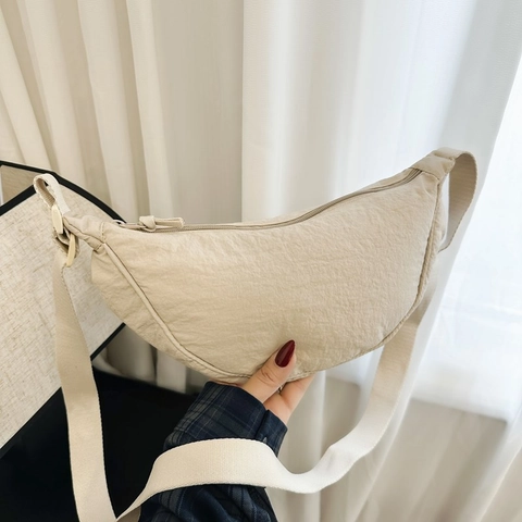 Women Half Moon Crossbody Bag Lightweight Nylon Crescent Shoulder Bag Adjustable Wide Strap Casual Minimalist Solid Color