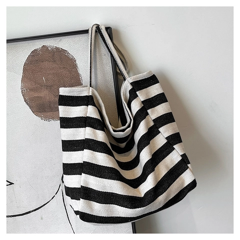 Gestreifte Canvas Tote Bag Große Kapazität Lässige Ästhetik Schulterhandtasche Mit Reißverschluss Damen Koreanischer Stil