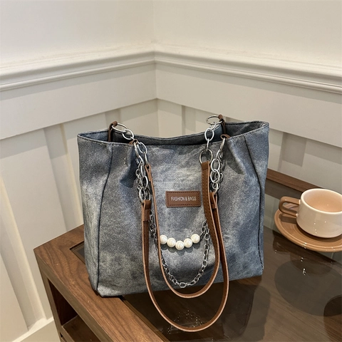 Vintage Denim Texture PU Leather Tote Bag Large Capacity Women Shoulder Handbag With Artificial Pearl Metal Chain Decor Commuter School