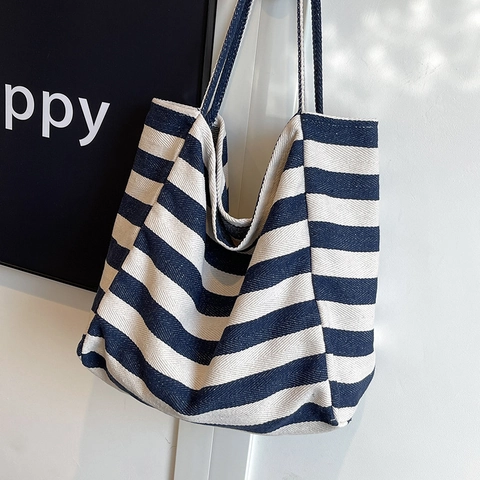 Striped Canvas Tote Bag Large Capacity Casual Shoulder Shopping Handbag For Women Minimalist Stylish Versatile