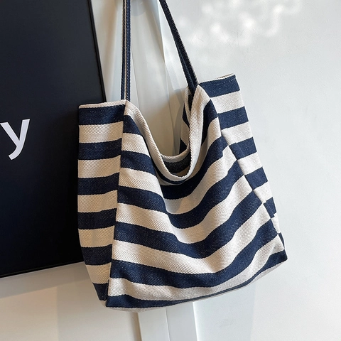 Striped Canvas Tote Bag Large Capacity Casual Shoulder Shopping Handbag For Women Minimalist Stylish Versatile