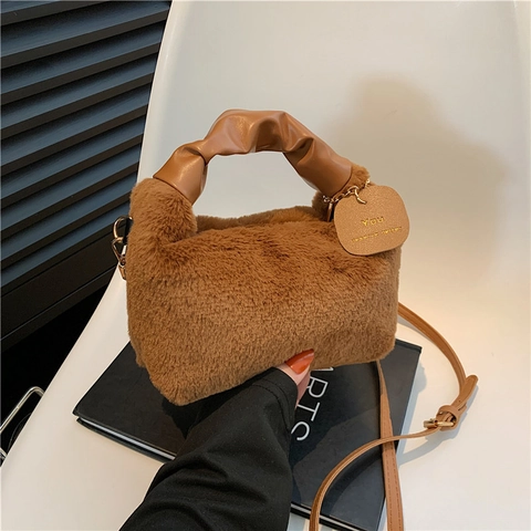 Plush Crossbody Bag Faux Fur Handbag Ruched Handle Soft Fluffy Winter Chic Casual Small Shoulder Bag For Women