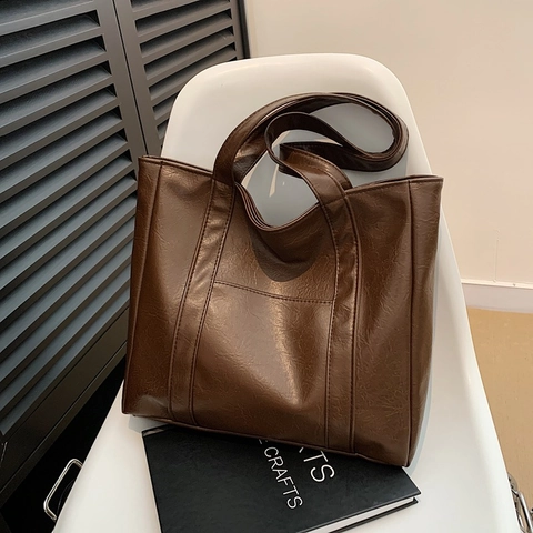 Women Large Capacity Faux Leather Tote Bag Vintage Shoulder Handbag Simple Design Commuting Office Travel Versatile Bag