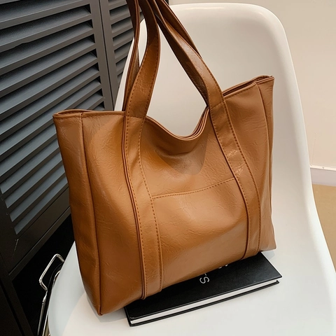 Women Large Capacity Faux Leather Tote Bag Vintage Shoulder Handbag Simple Design Commuting Office Travel Versatile Bag