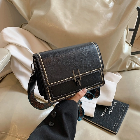 Women Retro PU Leather Crossbody Bag Small Square Shoulder Purse With Ethnic Wide Strap And Metal Buckle