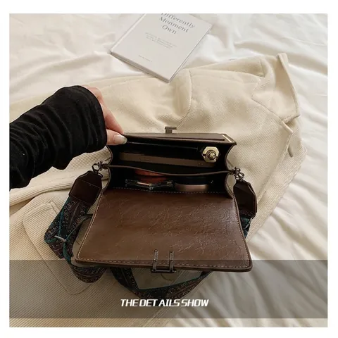 Women Retro PU Leather Crossbody Bag Small Square Shoulder Purse With Ethnic Wide Strap And Metal Buckle
