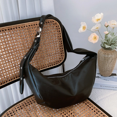 Bolso Hobo Media Luna Minimalista Cuero PU Suave Color Sólido Gran Capacidad Correa Ancha Ajustable Bolso De Axila