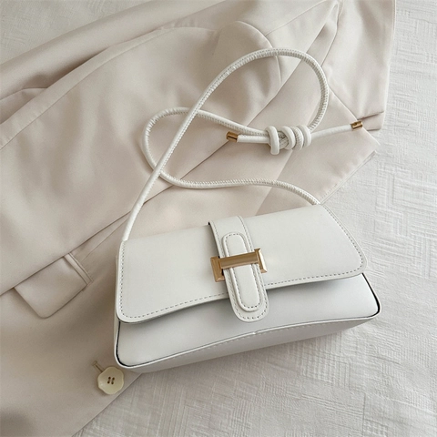 Women PU Leather Underarm Shoulder Bag Fashion Metal Buckle Flap Rectangular Handbag With Knotted Strap Daily Versatile