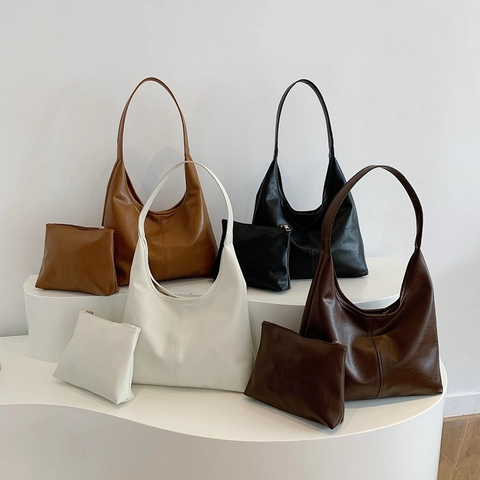 Retro Large Capacity PU Leather Hobo Bag And Matching Pouch For Women Commuter Minimalist Style Handbag