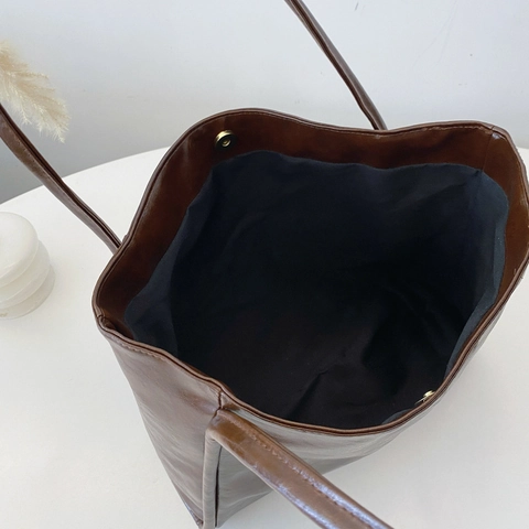 Large Capacity PU Leather Tote Bag Vintage Minimalist Shoulder Handbag Solid Color Retro Korean Style For Women