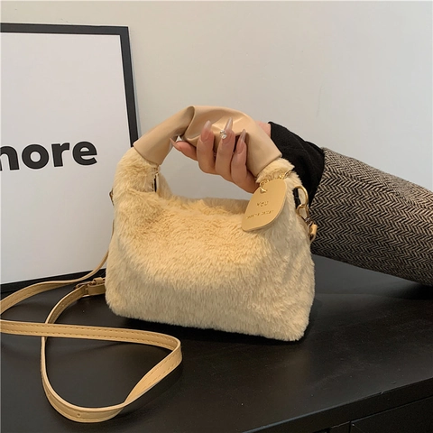 Women Fashion Faux Fur Plush Small Square Bag With Pleated PU Leather Handle Crossbody Shoulder Bag Casual Handbag Gift