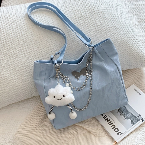 Bolso Tote Mujer Metálico PU Cuero Arrugado Gran Capacidad Bolso De Hombro Con Mariposa Cadena Metal Perla Artificial Decoración Y2K