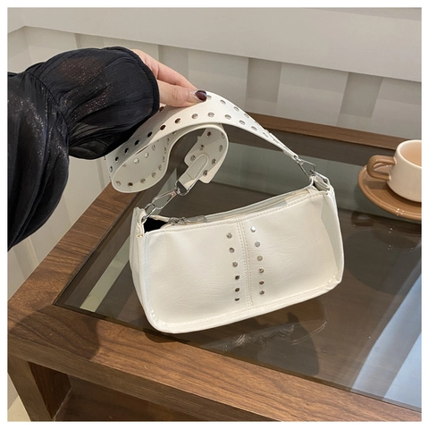 Rivet PU Leather Underarm Bag Fashion Wide Strap Retro Shoulder Bag Versatile Crossbody Square Bag For Women