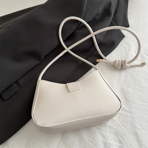 Women Baguette Shoulder Bag PU Leather Gold Metal Buckle Knot Strap Chic Underarm Handbag Trendy Satchel