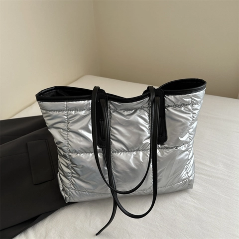 Damen Gesteppte Puffer Tote Bag Metallic Große Kapazität Leichte Schultertasche Casual Commuter Travel