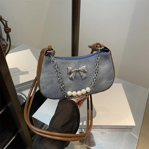 Borsa Sottobraccio In Denim Vintage Y2K Con Fiocco In Metallo E Catena Di Künstliche Perle Borsa Hobo A Mezzaluna Per Donna