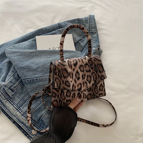 Leopardenmuster Umhängetasche PU Leder Kleine Quadratische Handtasche Mit Griff Retro Mode Damen Lässig