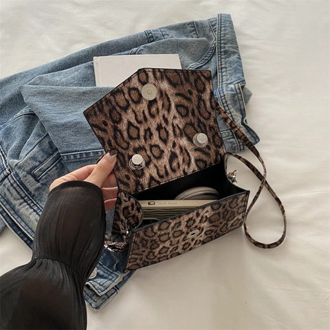 Leopardenmuster Umhängetasche PU Leder Kleine Quadratische Handtasche Mit Griff Retro Mode Damen Lässig