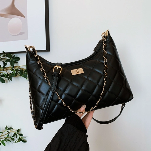 Quilted Hobo Bag PU Leather Gold Chain Turn Lock Retro Underarm Shoulder Crossbody Handbag Solid Color For Women