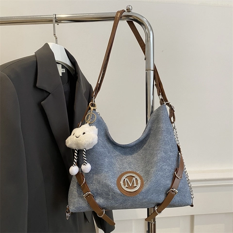 Borsa Tote Grande Capacità Tela Patchwork Pelle PU Vintage Borsa A Spalla Tracolla Per Donna Con Ciondolo Nuvola