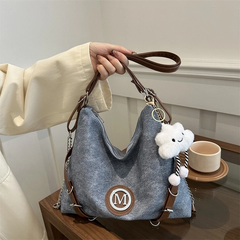 Borsa Tote Grande Capacità Tela Patchwork Pelle PU Vintage Borsa A Spalla Tracolla Per Donna Con Ciondolo Nuvola