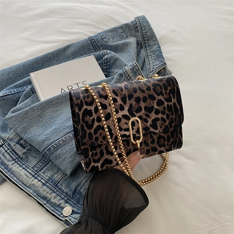 Leopard Print Crossbody Bag PU Leather Small Square Flap Handbag Gold Metal Chain Strap Vintage Fashion Women Streetwear