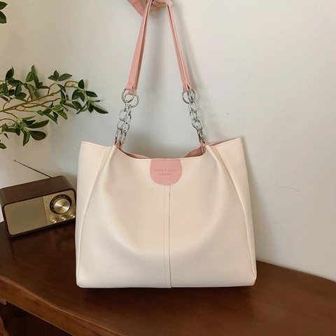 Bolso Tote de Cuero PU de Gran Capacidad para Mujer Con Correa de Cadena Color de Contraste Bolso de Hombro para Diario