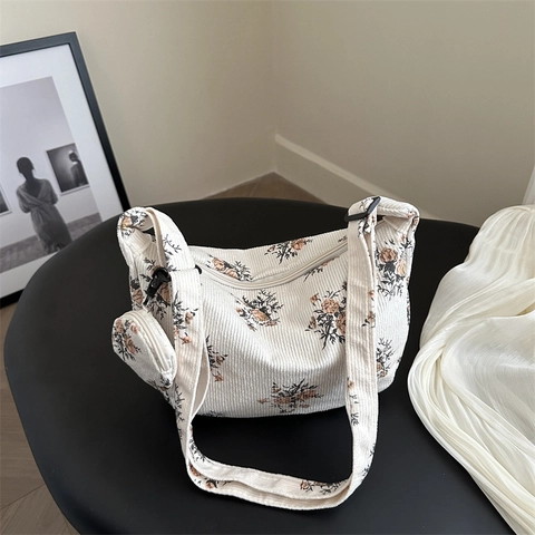 Borsa A Tracolla Da Donna In Velluto A Coste Con Stampa Floreale Borsa Hobo E Borsellino Rotondo Regolabile Retro Casual