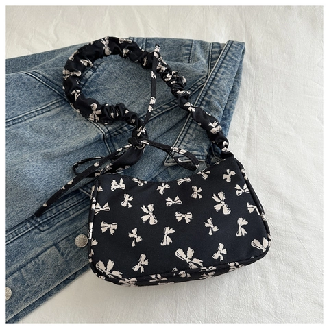 Borsa Sottobraccio in Tela con Fiocco Donna Tracolla Arricciata Cerniera Vintage Stampata Moda Casual Piccola Borsa a Mano