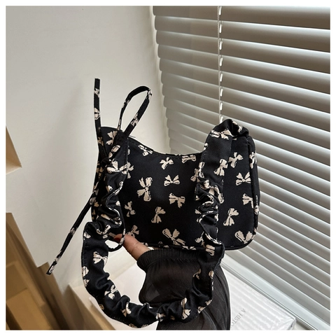 Borsa Sottobraccio in Tela con Fiocco Donna Tracolla Arricciata Cerniera Vintage Stampata Moda Casual Piccola Borsa a Mano