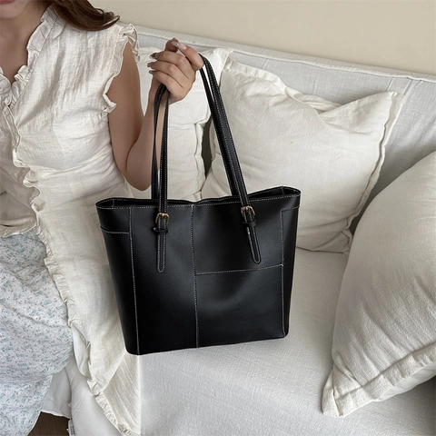 Women PU Leather Large Capacity Tote Bag Contrast Stitching Minimalist Shoulder Bag Underarm Work Commute Handbag