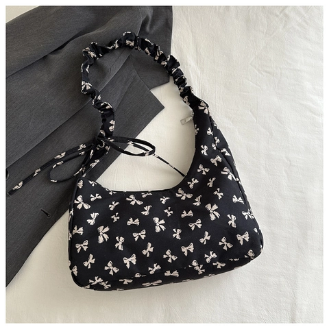 Bolso de Hombro para Mujer Vintage Dulce con Estampado de Lazo y Correa con Volantes Bolso Hobo de Lona Estilo Retro Moda