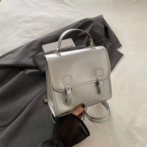 Vintage Glossy PU Leather Fashion Backpack Small Top Handle Preppy Style Solid Color Travel Daypack For Women