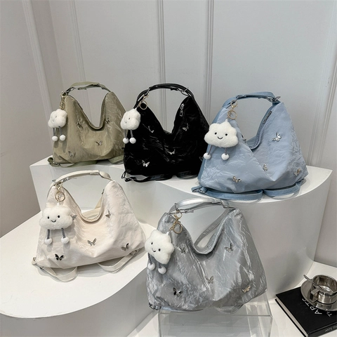 Borsa A Spalla In Pelle Sintetica Stropicciata Da Donna Hobo Metallizzata Grande Capacità Decoro Farfalla Ciondolo Nuvola