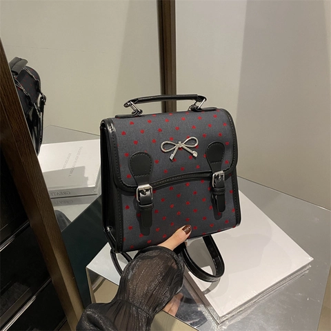 Mini Mochila De Lona Estampado De Corazón Lunares Lazo Decoración Retro Escuela Bolso Para Mujeres Niñas