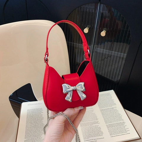 Mini Bow Handbag PU Leather Half Moon Shoulder Bag Metallic Decoration Detachable Chain Chic Modern Trendy Style Women