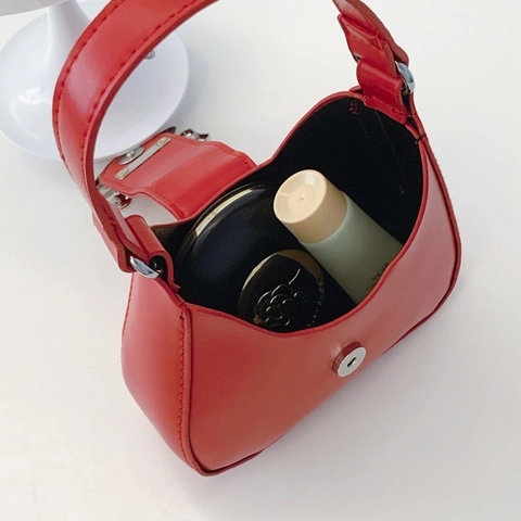Mini Bow Handbag PU Leather Half Moon Shoulder Bag Metallic Decoration Detachable Chain Chic Modern Trendy Style Women