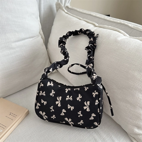 Bow Knot Print Achseltasche Für Frauen Stoff Scrunchie Gurt Mini Schultertasche Sweet Vintage Stil