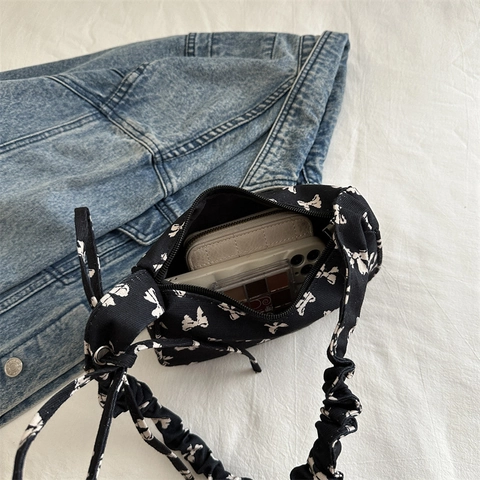 Bow Knot Print Achseltasche Für Frauen Stoff Scrunchie Gurt Mini Schultertasche Sweet Vintage Stil