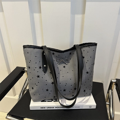 Damen Tote Bag Oxford Stoff Polka Dot Stern Herz Muster Metall Schleife Dekor Große Kapazität Schultertasche Casual
