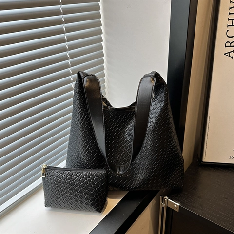 Bolso De Hombro Hobo De Cuero PU Tejido Para Mujer Gran Capacidad Color Sólido Bolso Informal Y Bolsa Interior Minimalista